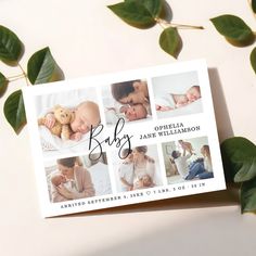 a baby announcement card with photos of babies and their mom's birth dates on it