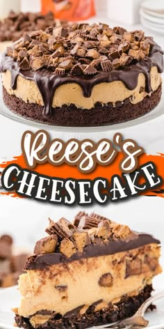 three different cheesecakes with chocolate and peanut butter toppings on top, including one for reese's cheesecake