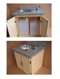 two pictures of the same sink and cabinet