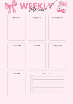 a pink weekly planner with bows on it