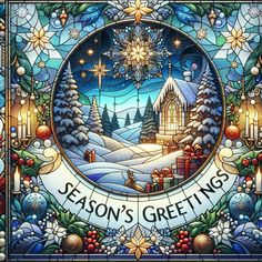 a stained glass window with the words season's greetings on it and a christmas scene