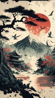 Gunung Fuji, Japan Graphic Design, Monte Fuji, Japan Painting, Japanese Art Prints, Japon Illustration, Samurai Art, Cool Wallpapers Art, Mount Fuji