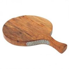 a wooden paddle with metal handles on a white background