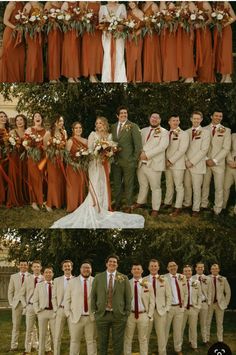 the bride and grooms are posing for pictures together