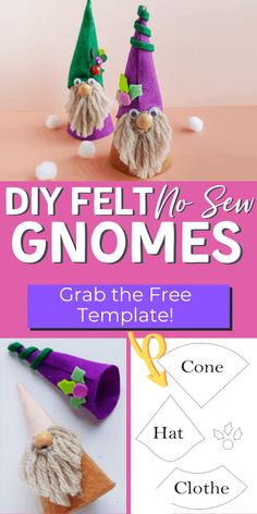 two gnomes made out of felt with text overlay that reads, diy felt no sew gnomes grab the free template