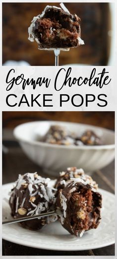 german chocolate cake pops on a white plate