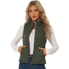 Stay cozy in this padded gilet vest featuring a stand collar, slanted front pockets with toggle closures, and utility-chic zipper for a customized fit. It's the perfect layering choice to pair with a long-sleeve top or a high-neck sweater. It is ideal for fall. Wear yours for a cute look when you are out for fun. Team it with a plaid shirt and jeans for a simple yet stylish finish. Registration number: UT 6236 (CN). Fill Material: 100% Polyester. Womans Vest, Fashion Vest, Leather Waistcoat, Winter Overcoat, Padded Vest, Vest For Women, Womens Puffer Vest, Travel Home, High Neck Sweater