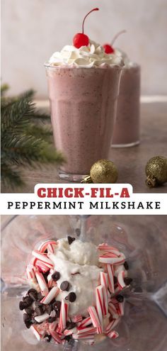 there are two pictures with different desserts in the bottom and top one is peppermint milkshake