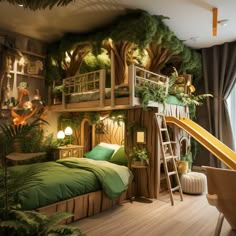 a bedroom with a tree house bed and green bedspread