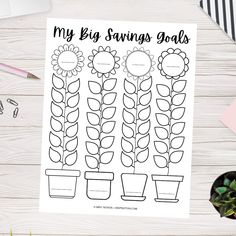 a printable savings goal sheet with flowers on it next to a cup of coffee