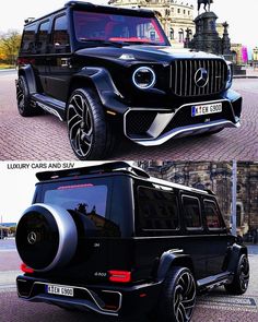 the mercedes benz g - class suv is shown in two different views, and has been modified