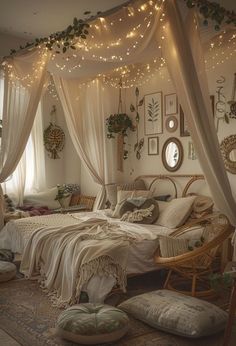 a bedroom with lights strung over the bed