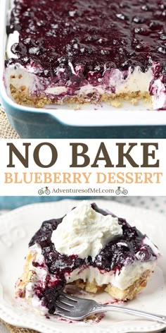 no bake blueberry dessert on a plate with a fork