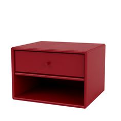 a red nightstand with one drawer open