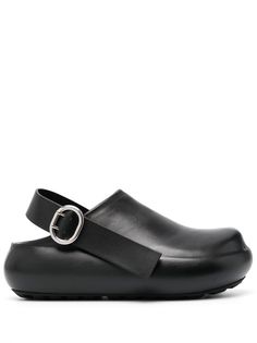 black calf leather branded insole silver-tone hardware almond toe buckle-fastening slingback strap flat rubber sole Raf Simons Dior, Platform Mules, Mens Leather Sandals, Slingback Flats, Leather Clogs, Boot Pumps, Dolce E Gabbana, Sole Shoes, Leather Mules