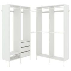 an open white closet with shelves and drawers on the bottom shelf, next to it is a basket