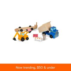 two toys are shown with the words $ 50 and under written below them in orange