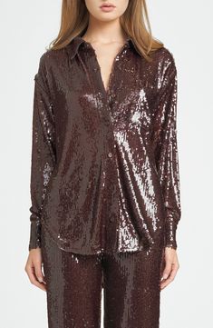 A brilliant button-up is smothered in sequins and turned out in a celebratory siren shade. 28 1/2" length (size Medium) Front button closure Spread collar Long sleeves with button cuffs Chest patch pocket 100% polyester Hand wash, dry flat Imported Modest Fits, Tops Long Sleeve, Patch Pocket, Button Up Shirts, Sequin, Top Blouse, Button Up, Nordstrom, Hand Wash