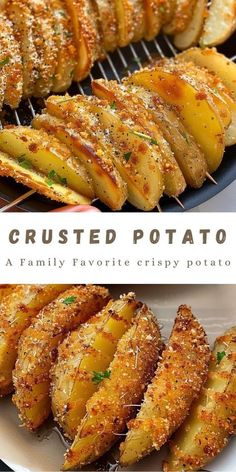 grilled potatoes with parmesan sprinkles on top and the words, crusted potato