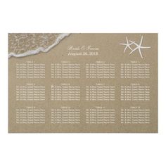 the seating chart for an ocean themed wedding is shown in white sand and starfish