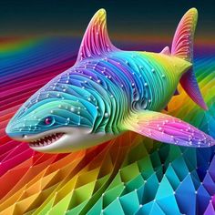 a colorful shark is floating in the air