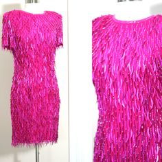 "Just such a Fun Stunning Dress this dress is pink and oh so fun!! With catail beads and sequins..this is just a fun dress to wear! I see no flaws, Very good to Excellent condition Measuring: 37\" long Bust: 36\" Waist: 30\" Hip: 36\" Shake shimmer and shine!! Pet Free/smoke free Enjoy!" Pink Party Season Evening Dress, Pink Sequin Dress For Holiday Party, Pink Sequin Evening Dresses, Pink Fitted Sequin Evening Dress, Pink Fitted Sequin Dress For Evening, Pink Embellished Mini Evening Dress, Pink Embellished Mini Dress For Evening, Pink Fitted Sequin Party Dress, Pink Sequin Dress For Evening And Party Season