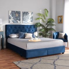 a bed with blue headboard and foot board in a white room next to a window