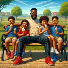 a painting of a man sitting on a park bench with five children eating ice cream