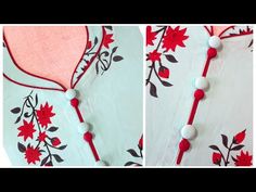 two pictures of red and white clothing with flowers on it