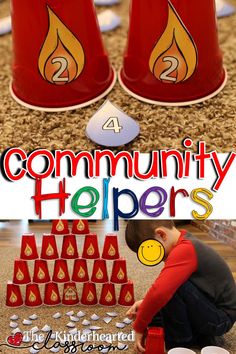 a collage of two pictures with the words community helpers in front of them