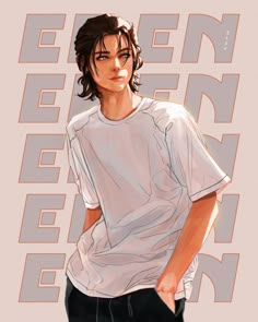 a drawing of a young man in white shirt and black pants