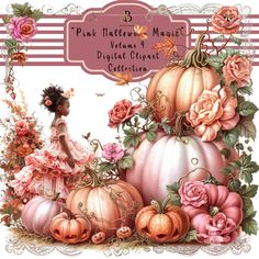 a girl in a pink dress surrounded by pumpkins and roses with the words pink hattermous valentine's day digital clipart collection