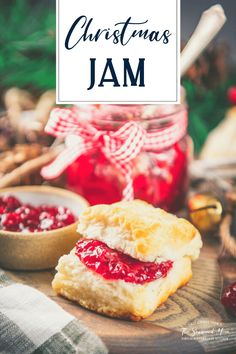 homemade christmas jam in a jar and on a cutting board