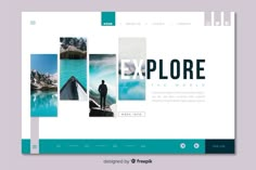 the website design for explore is shown in blue and green tones, with an image of a man standing on a surfboard