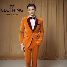 Men Suits Stylish Orange Velvet 2 Piece Tuxedo For Men - Classic Formal Attire- Versatile Tailored Suit-  Wedding Suits-Bespoke For Men, ZF Item Include (Coat+  Pant) Fabric:- Imported, Premium Color:-Orange Velvet Color Lapel :- Red Velvet Color Pant :- Orange Velvet Dry Clean Recommended The suit is for wedding, Party, Proms, and Many Occasions. We make the suit according to our Standard size chart, If you are not sure about your size/measurement,  please give your body measurement in inches, Tailored Suit, Orange Velvet, Men Classic, Premium Colors, Tuxedo For Men, Colored Pants, Velvet Color, Formal Attire, Coat Pant