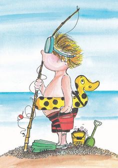 a drawing of a boy fishing on the beach with his dog and duckling toy