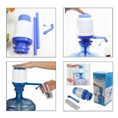 four pictures showing different types of dispensers, including one for drinking water and the other for cleaning