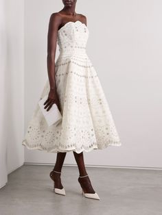 OSCAR DE LA RENTA Strapless crystal-embellished broderie anglaise faille midi dress | NET-A-PORTER Luxury Strapless Spring Dresses, Luxury White Dress With Sweetheart Neckline, White Embellished Strapless Wedding Dress, Elegant Strapless Embellished Midi Dress, Strapless Embellished Midi Dress For Cocktail, White Embellished Strapless Dress For Wedding, White Strapless Midi Dress For Evening, White Elegant Dress For Events, Elegant White Dress For Events