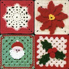 four crocheted squares with christmas decorations on them