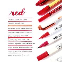 various lipsticks are lined up on top of each other, with the words red written below them