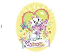 a white cat with a pink bow and butterfly on it's chest holding a sign that says meow