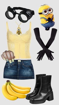 a woman's outfit and accessories including bananas, gloves, eyeglasses, sunglasses