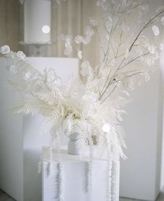 a vase filled with white flowers on top of a table