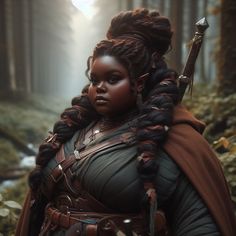 a woman with braids and armor in the woods