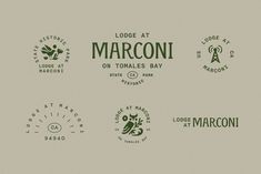 four different logos for some type of food and drink company, including marconi