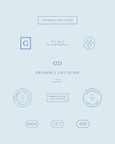 the g d gift guide is shown in blue and white, with different labels on it