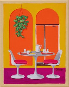 a painting of two chairs and a table in front of an orange wall with potted plant