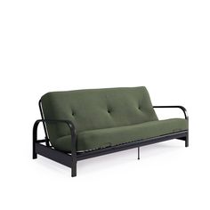 a green futon sofa sitting on top of a white floor next to a black frame