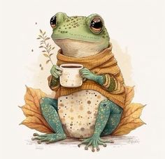 a frog sitting on top of a leaf with a cup in its hand and wearing a scarf around it's neck