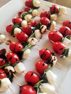 tomatoes and mozzarella skewers on a white platter with green leaves